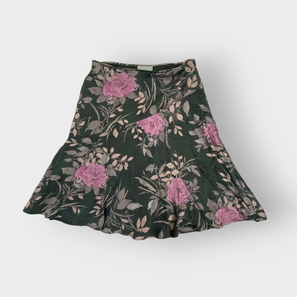 Whimsigoth Dark Fairy Silk Midi Skirt | 8 | Black Purple Floral | Flowy
